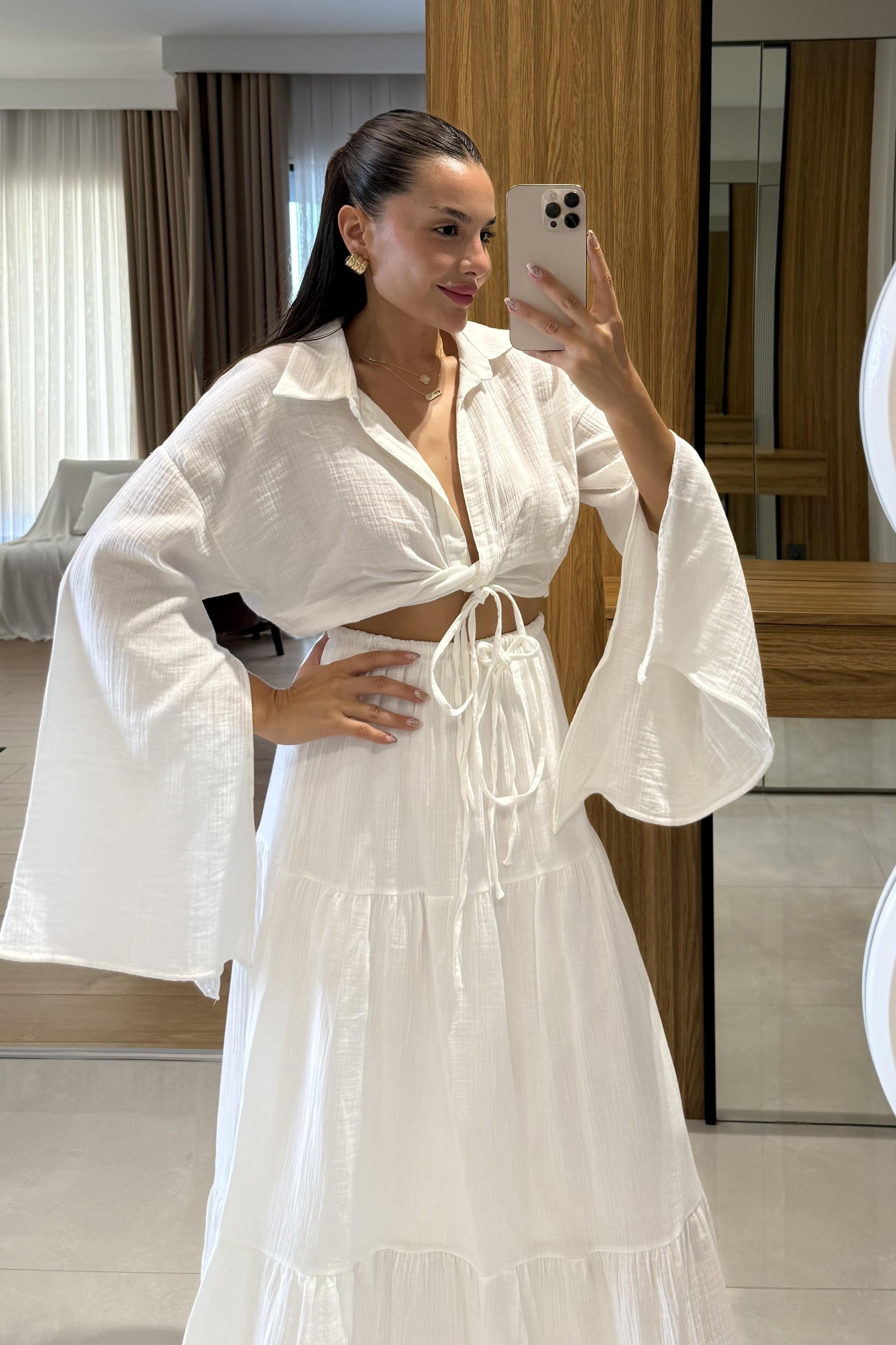 Vasse Beyaz Gömleği Bağlamalı Etekli Müslin Takım