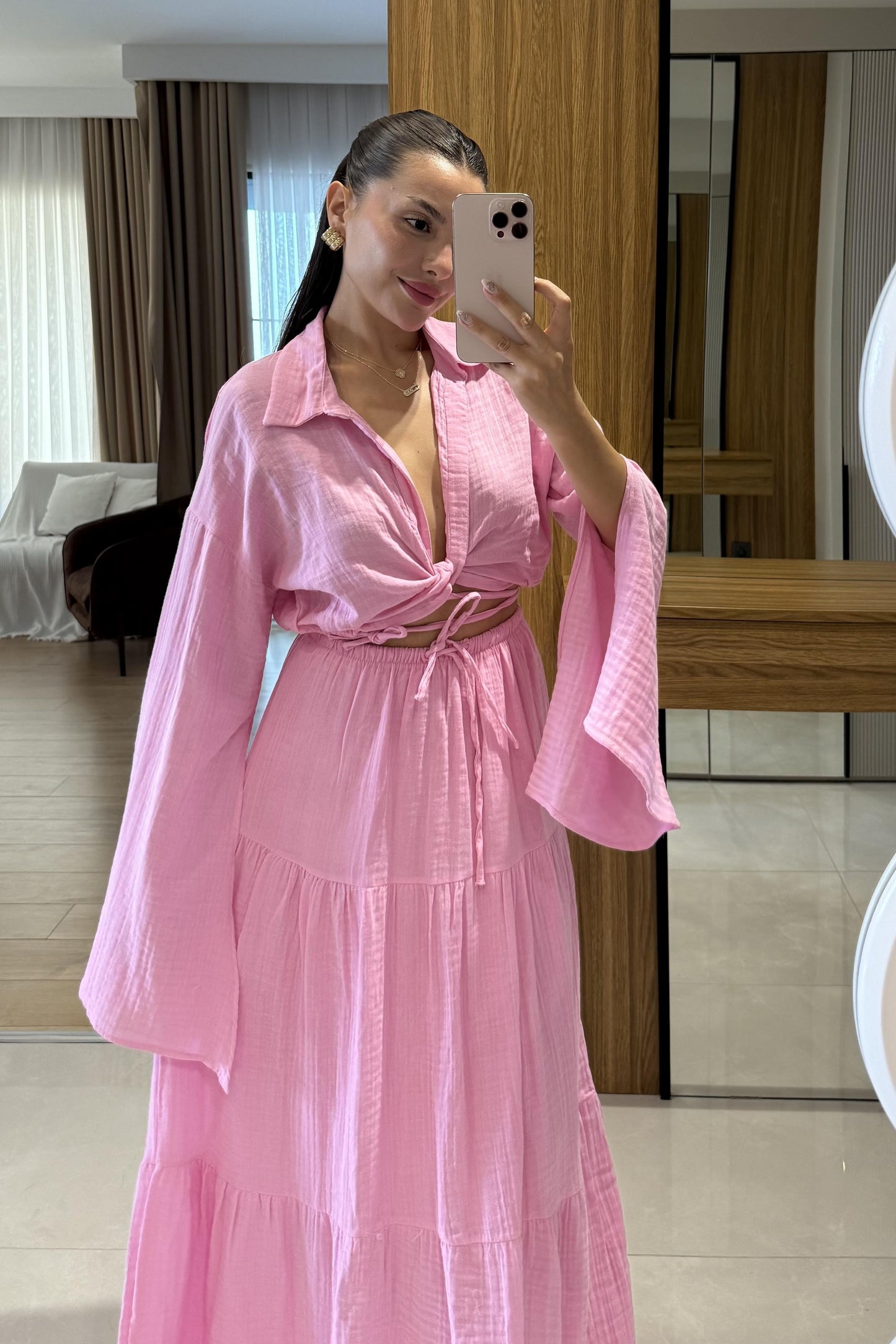 Vasse Pembe Gömleği Bağlamalı Etekli Müslin Takım