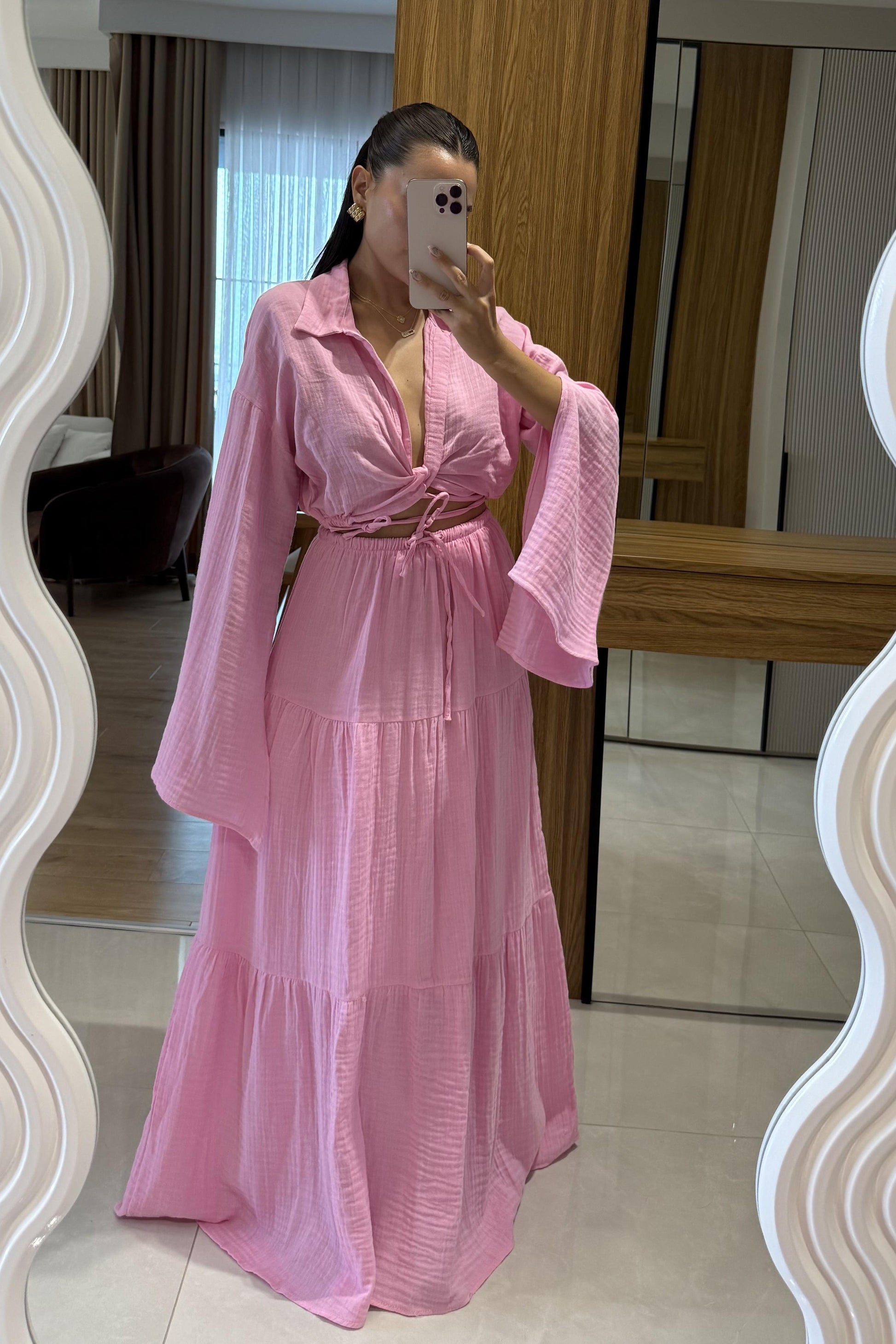 Vasse Pembe Gömleği Bağlamalı Etekli Müslin Takım