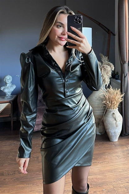 Vatka detaylı deri elbise