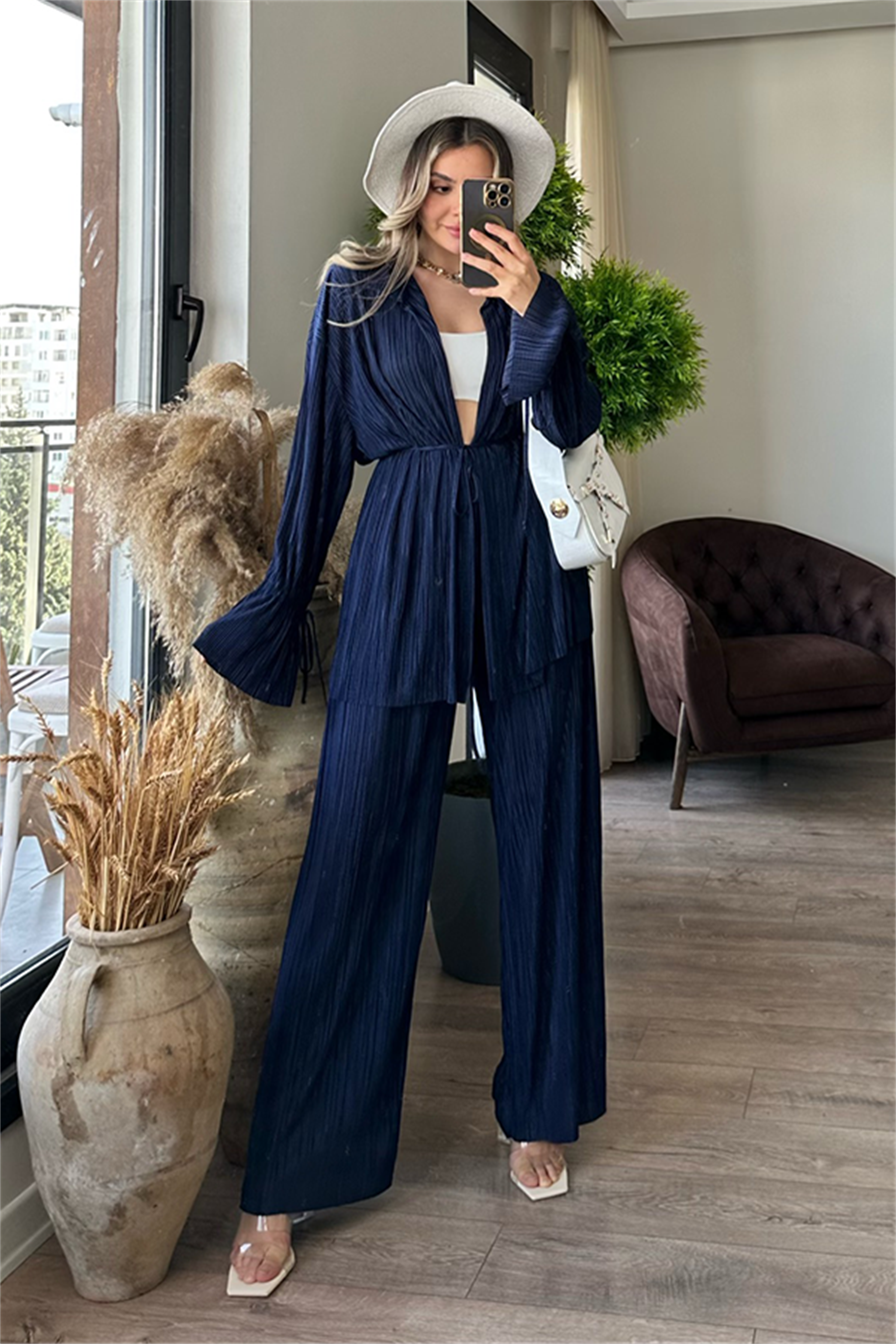 Vegas kırinkıl kumaş saten ikili takım - Lacivert