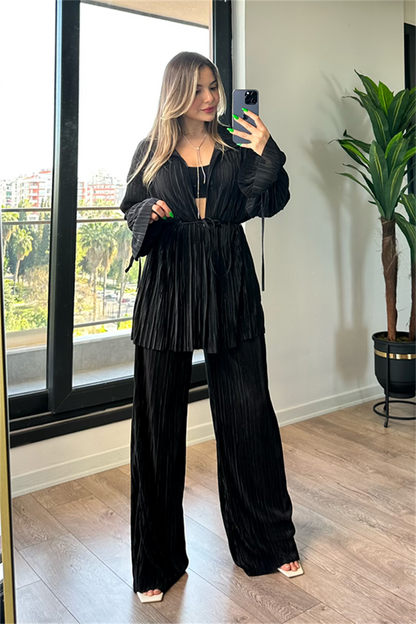 Vegas kırinkıl kumaş saten ikili takım - Siyah