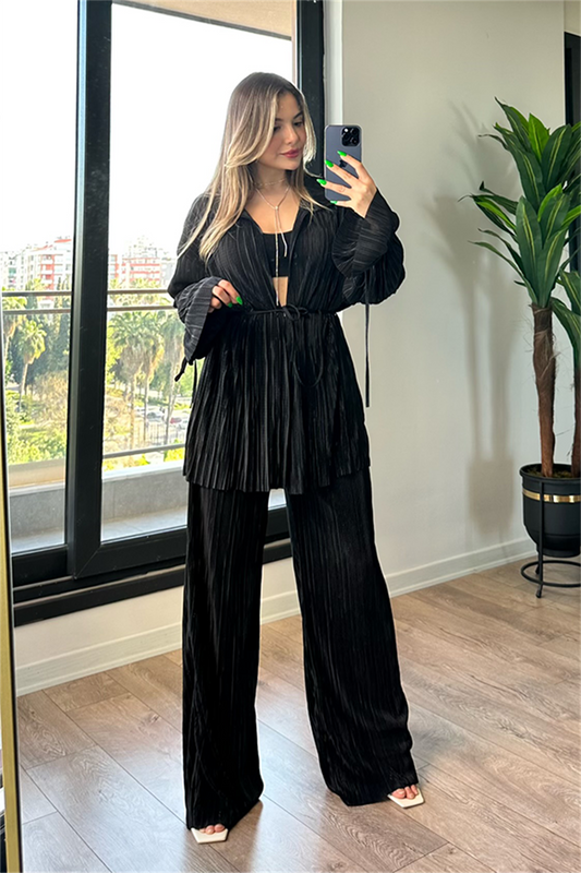 Vegas kırinkıl kumaş saten ikili takım - Siyah