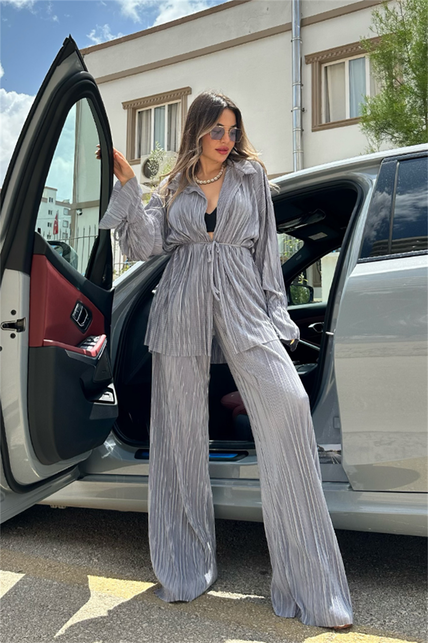 Vegas kırinkıl kumaş saten ikili takım - Silver