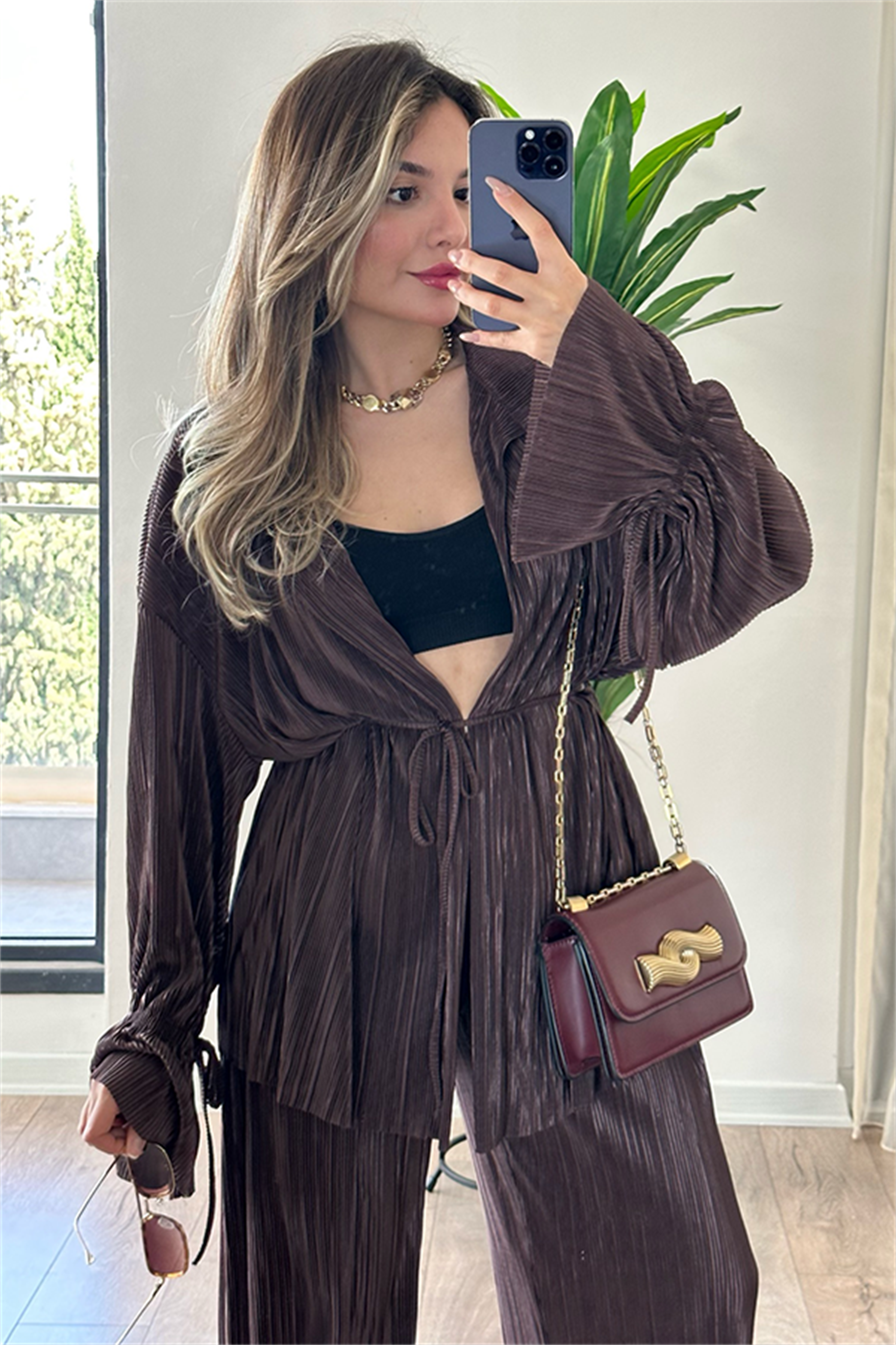 Vegas kırinkıl kumaş saten ikili takım - Acı Kahve