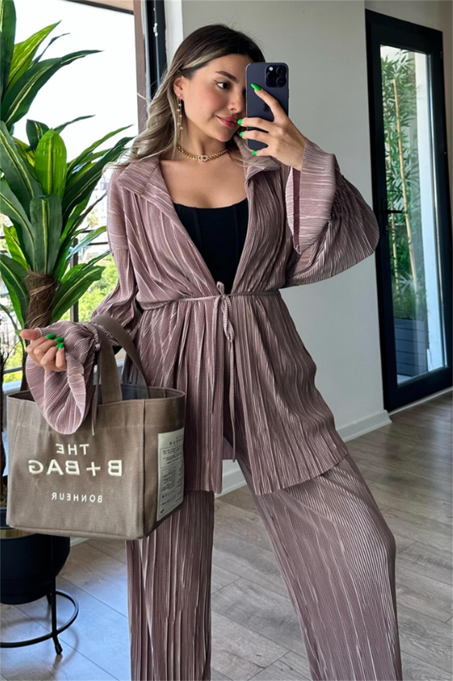 Vegas kırinkıl kumaş saten ikili takım - Bronz