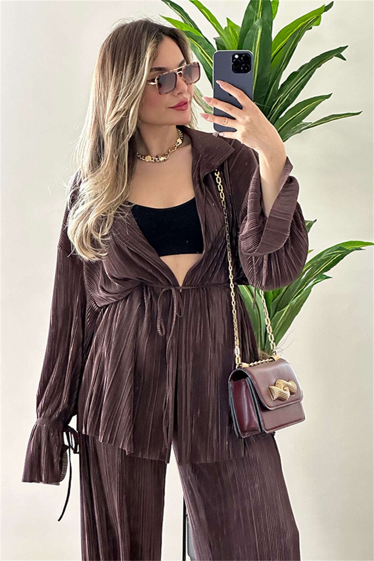 Vegas kırinkıl kumaş saten ikili takım - Acı Kahve