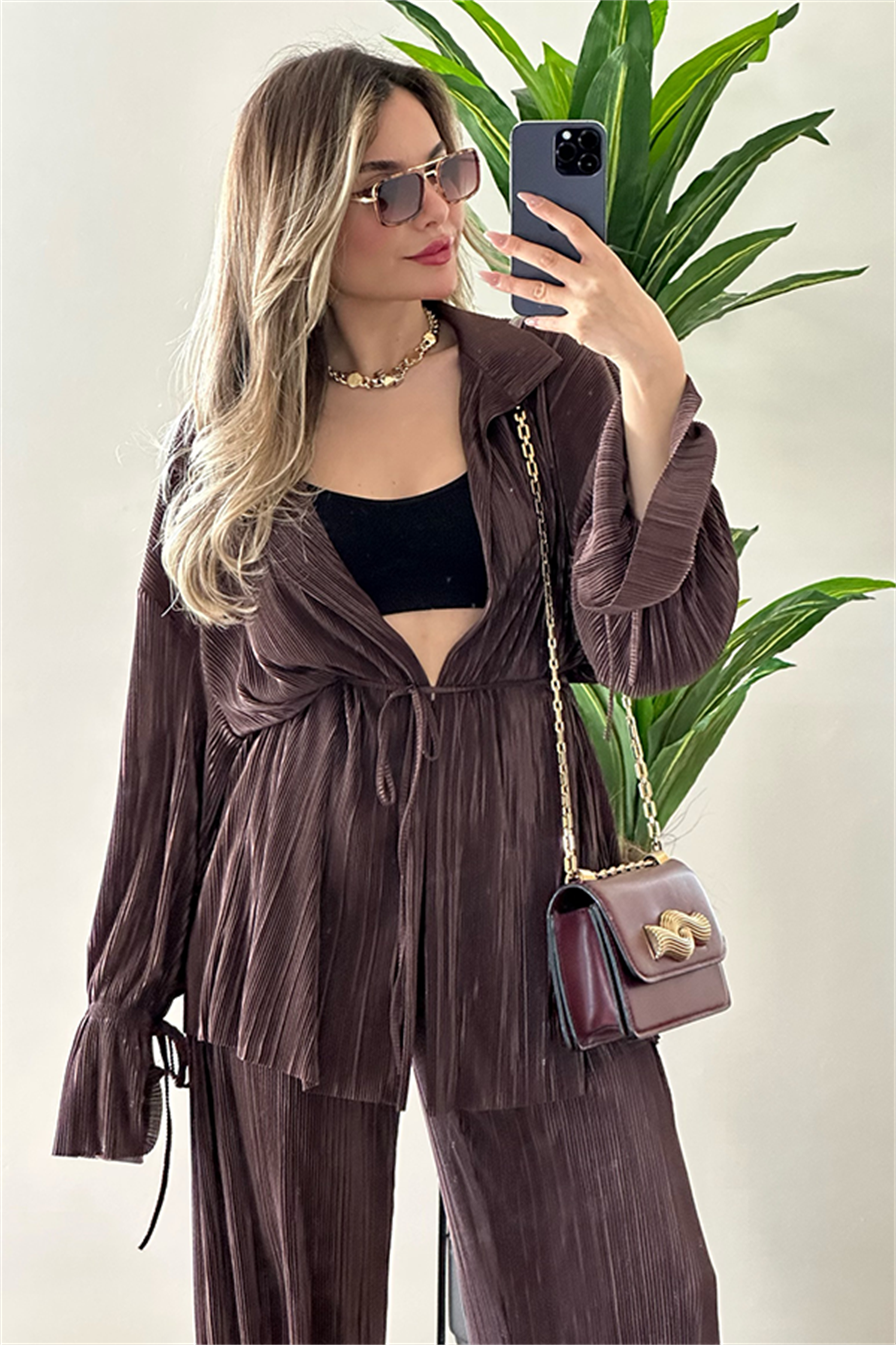 Vegas kırinkıl kumaş saten ikili takım - Acı Kahve