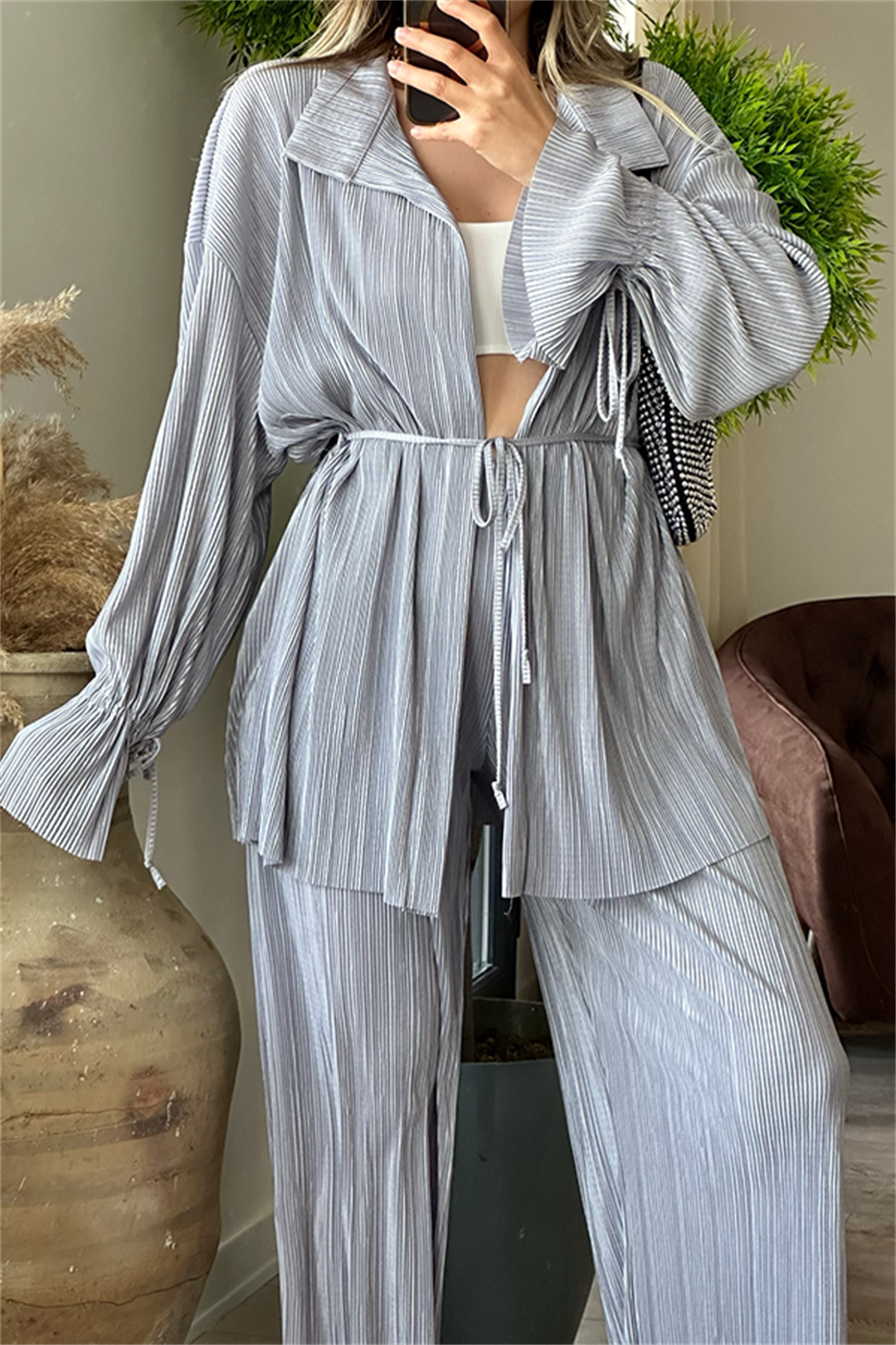 Vegas kırinkıl kumaş saten ikili takım - Gümüş