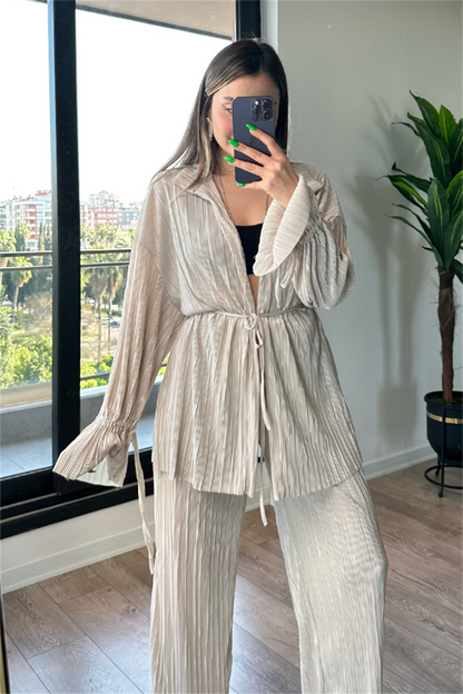 Vegas kırinkıl kumaş saten ikili takım - Krem