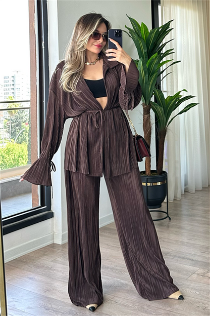 Vegas kırinkıl kumaş saten ikili takım - Acı Kahve