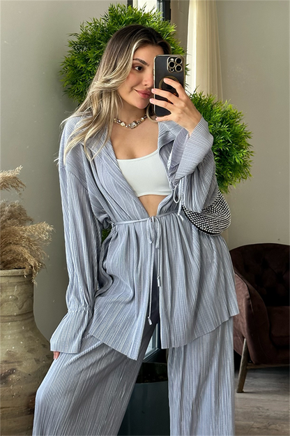 Vegas kırinkıl kumaş saten ikili takım - Gümüş