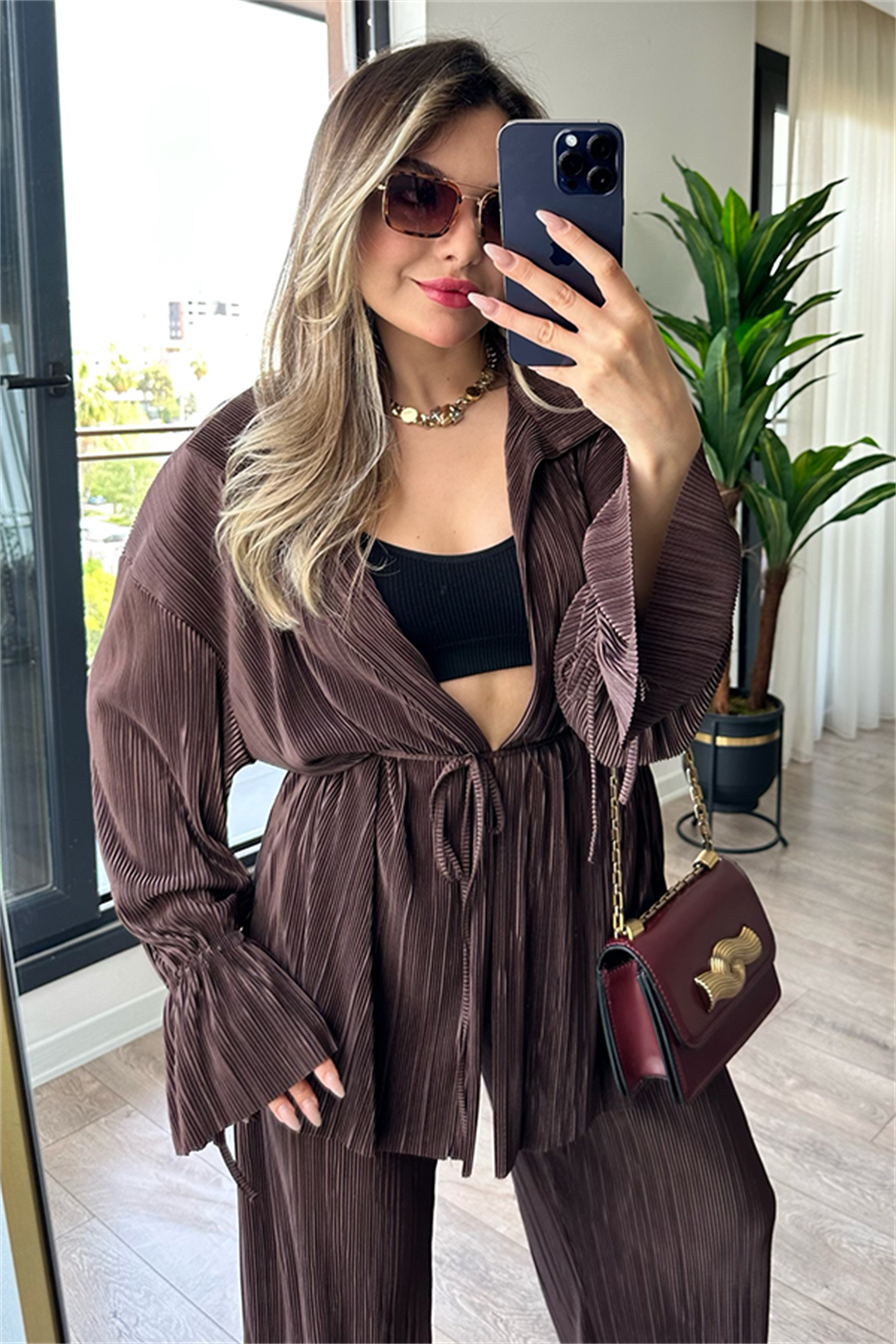 Vegas kırinkıl kumaş saten ikili takım - Acı Kahve