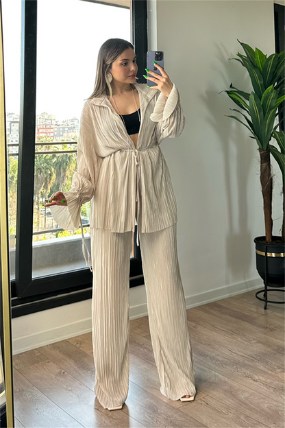 Vegas kırinkıl kumaş saten ikili takım - Krem