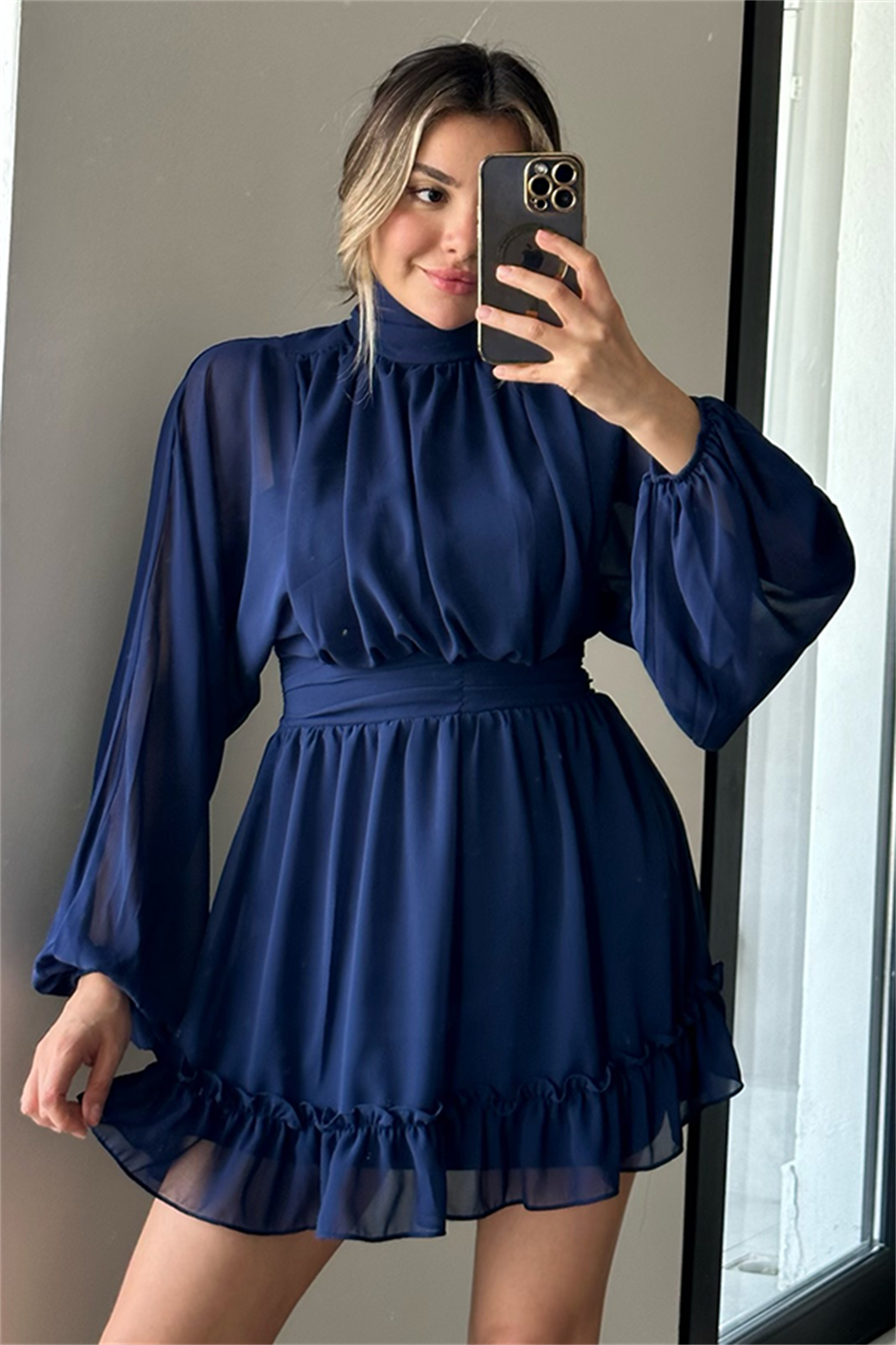 Vella lacivert belden oturtmalı şifon elbise