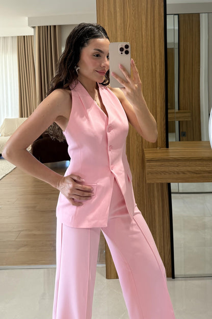 Velora Pembe Premium Yelekli Takım
