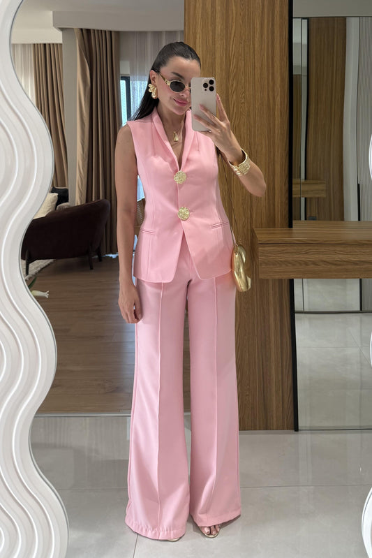 Velzia Pembe Gold Düğmeli Takım
