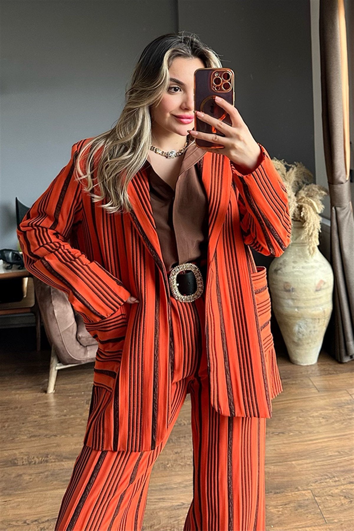 Venessa dikey çizgili kiremit ikili takım