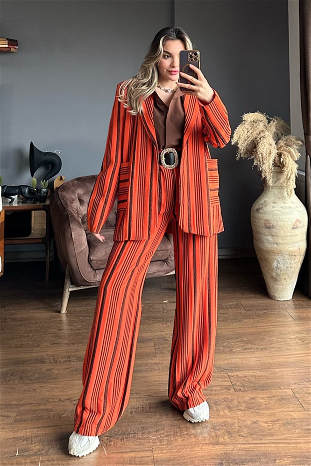 Venessa dikey çizgili kiremit ikili takım