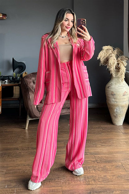 Venessa dikey çizgili pembe ikili takım