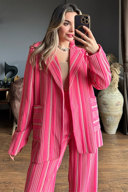 Venessa dikey çizgili pembe ikili takım