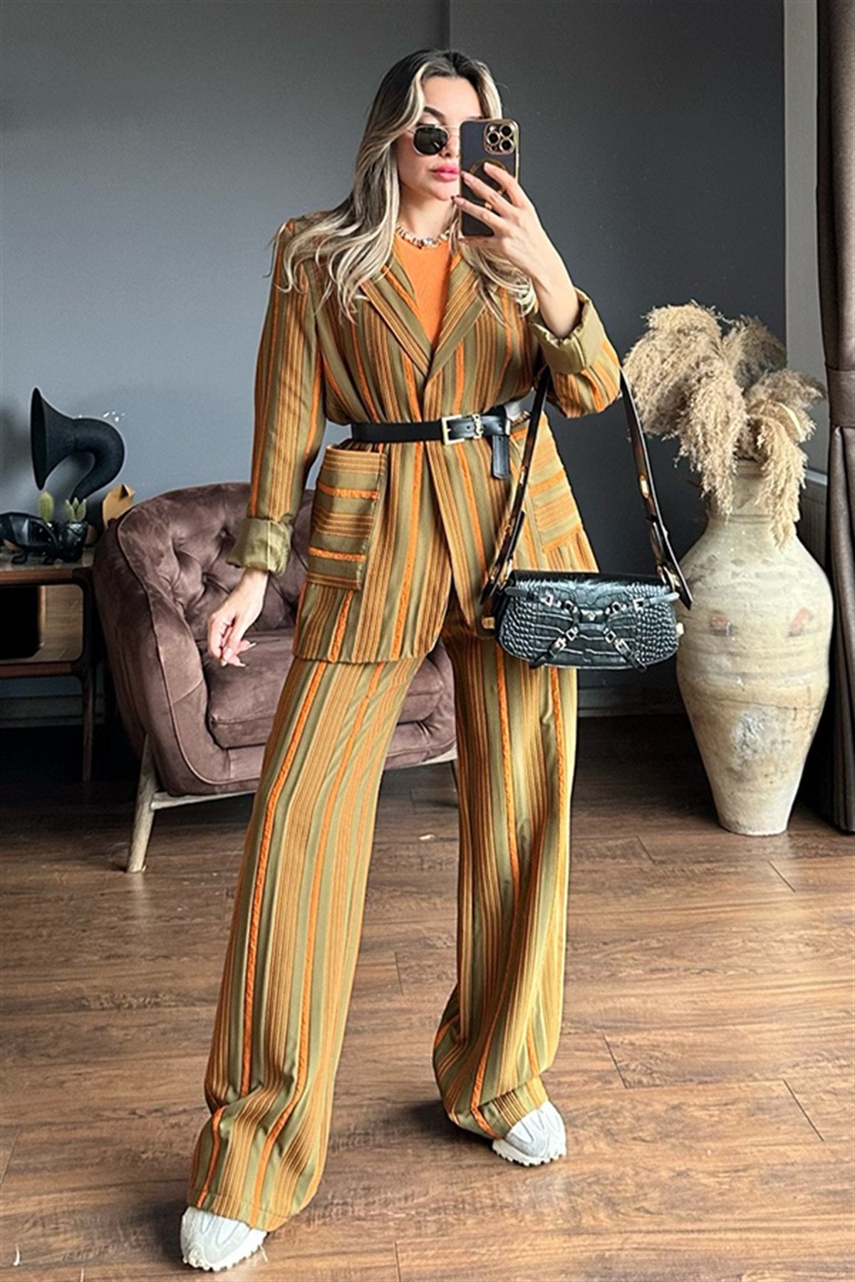 Venessa dikey çizgili turuncu ikili takım