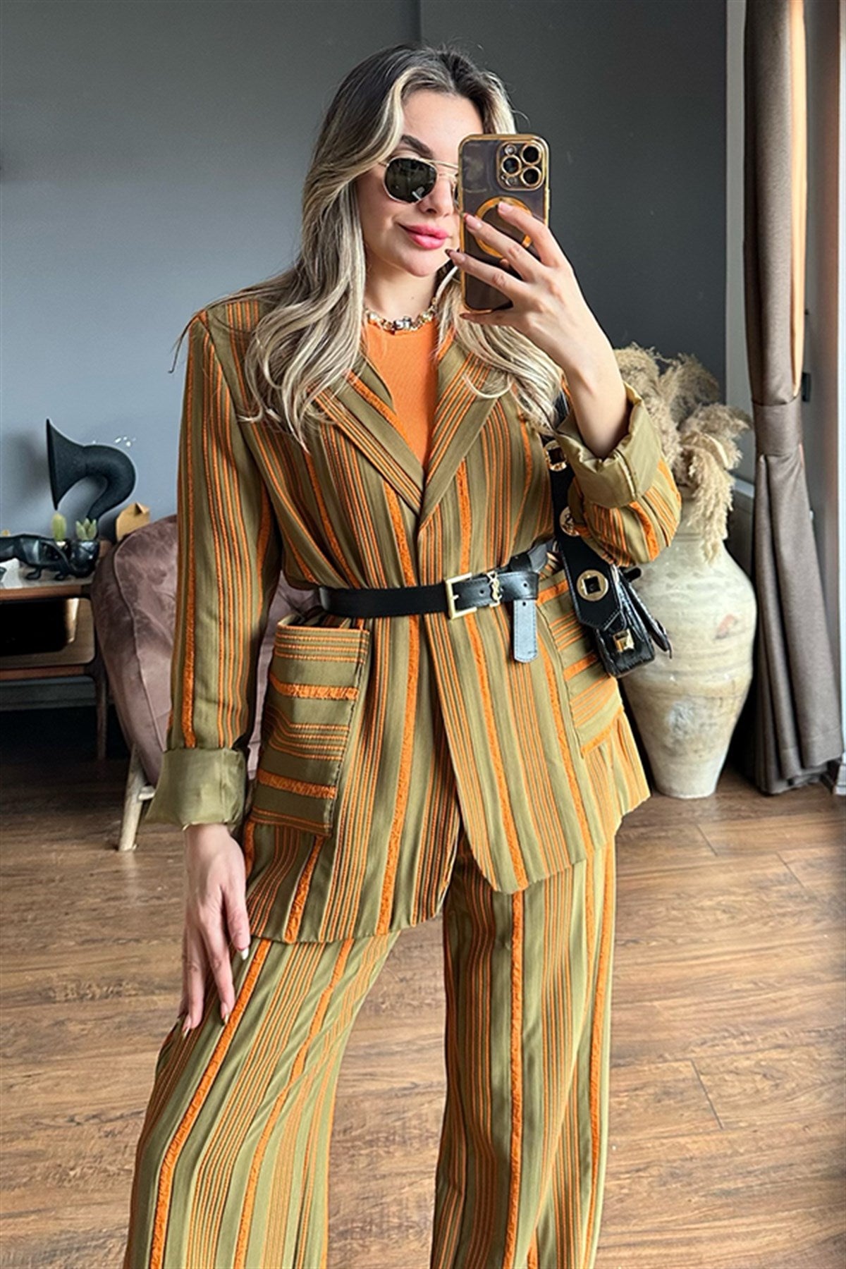 Venessa dikey çizgili turuncu ikili takım