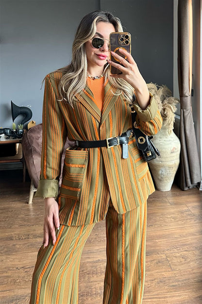 Venessa dikey çizgili turuncu ikili takım