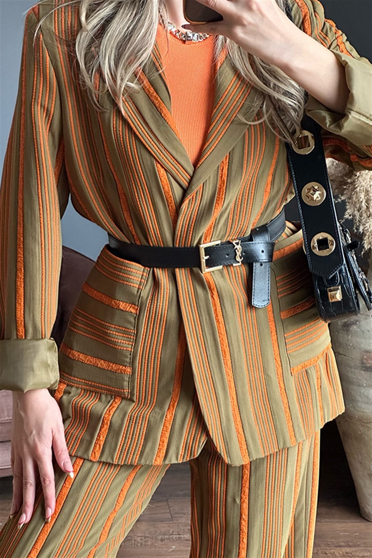 Venessa dikey çizgili turuncu ikili takım