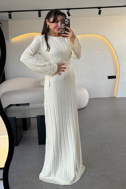 Vespa Bel Kuşaklı Krem Elbise