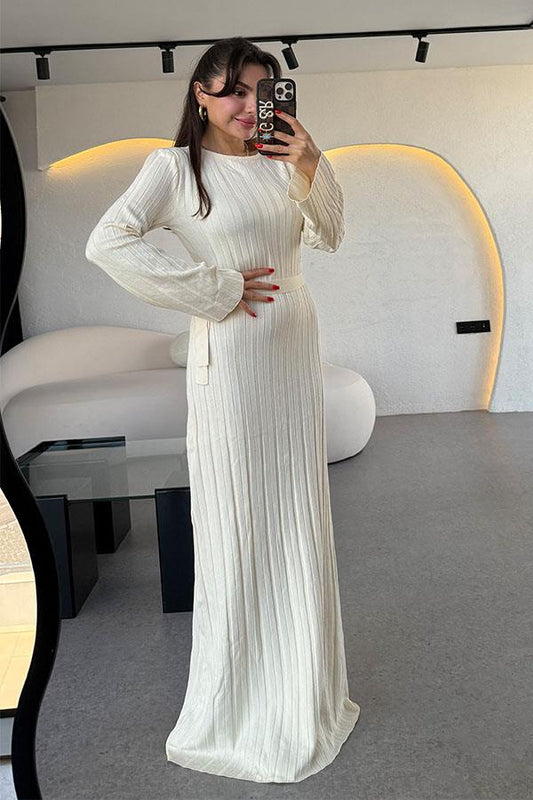 Vespa Bel Kuşaklı Krem Elbise