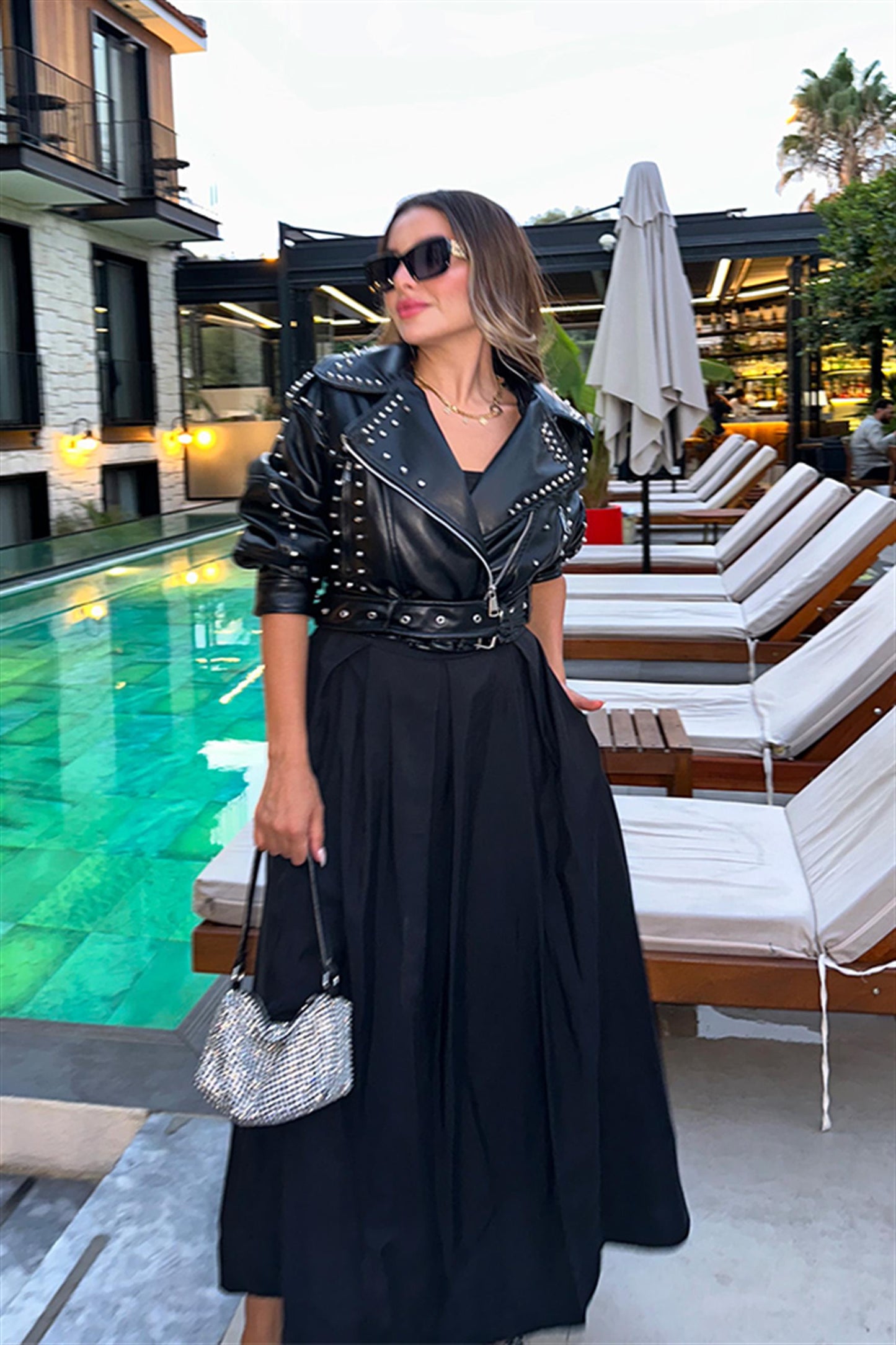 Vest siyah kemerli poplin premium elbise