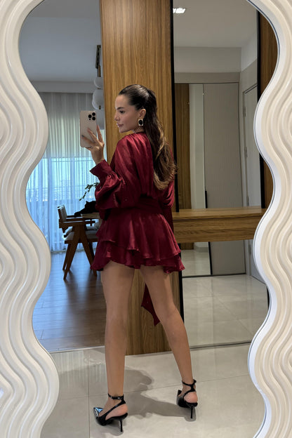 Vestida Bordo İçi Şortlu Tasarım Elbise