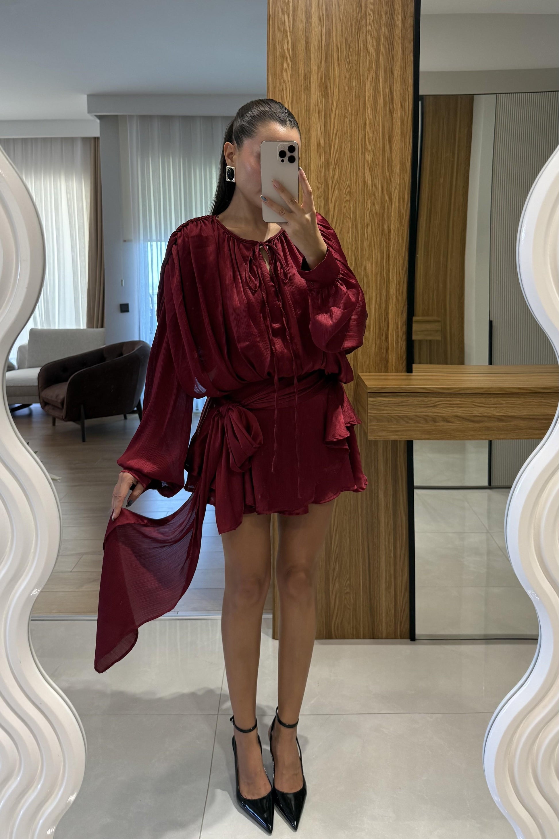 Vestida Bordo İçi Şortlu Tasarım Elbise