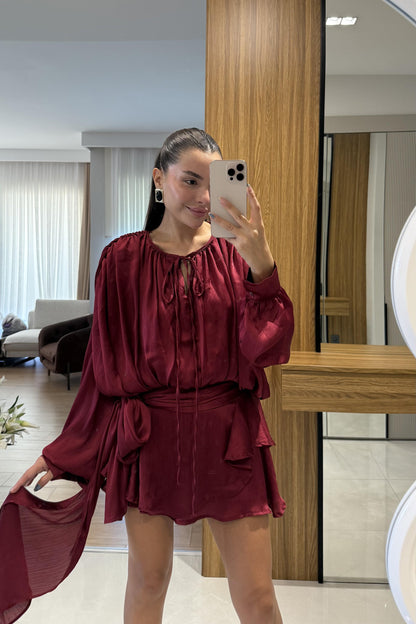 Vestida Bordo İçi Şortlu Tasarım Elbise