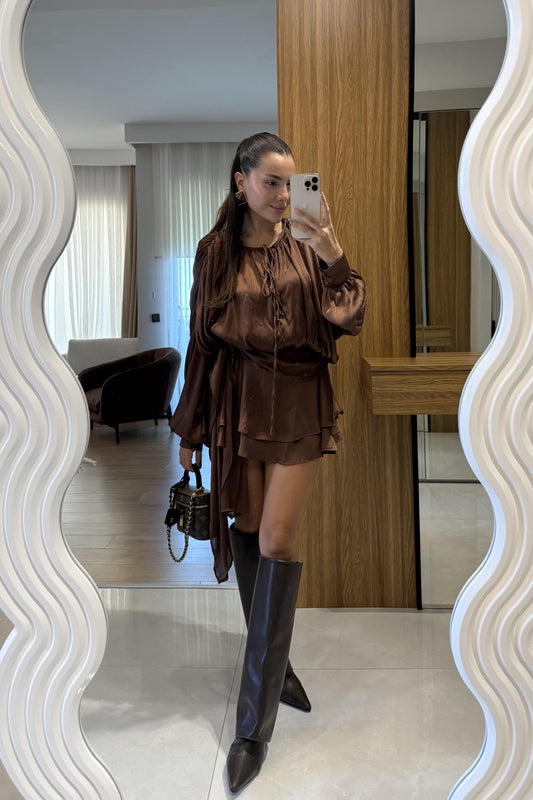 Vestida Kahve İçi Şortlu Tasarım Elbise