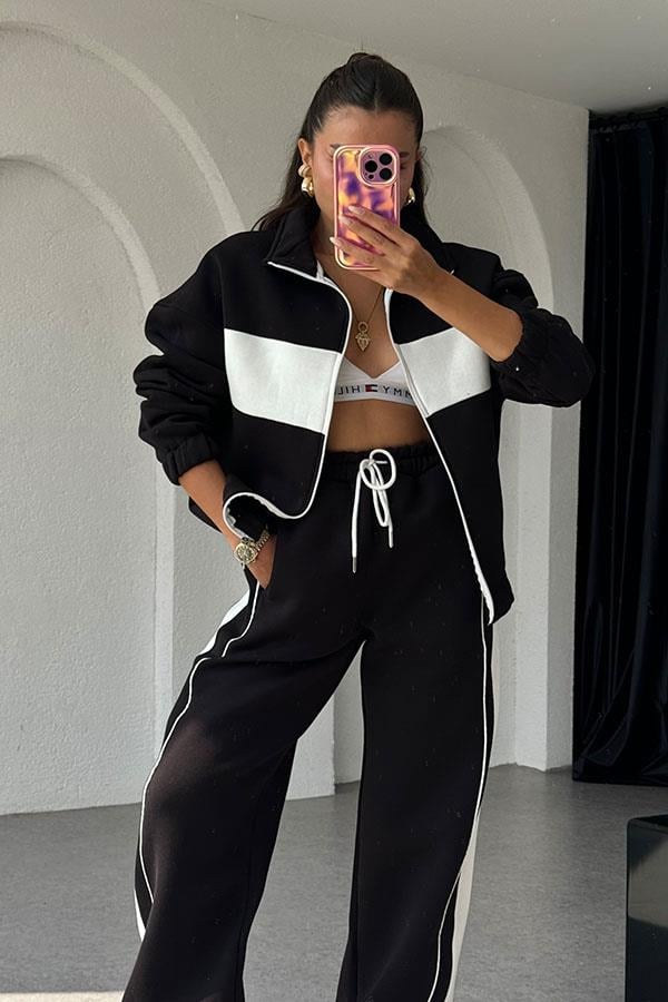 Vestido 3 İplik Şeritli Eşofman Takım - Siyah