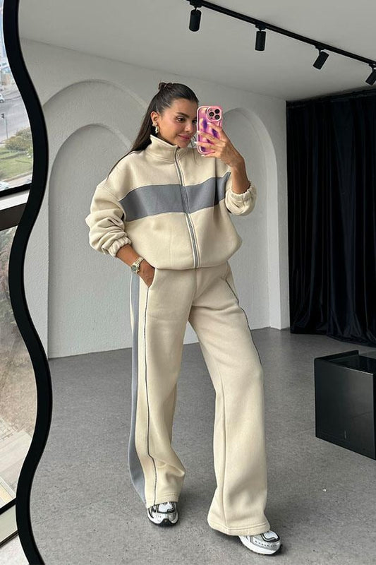 Vestido 3 İplik Şeritli Eşofman Takım - Krem