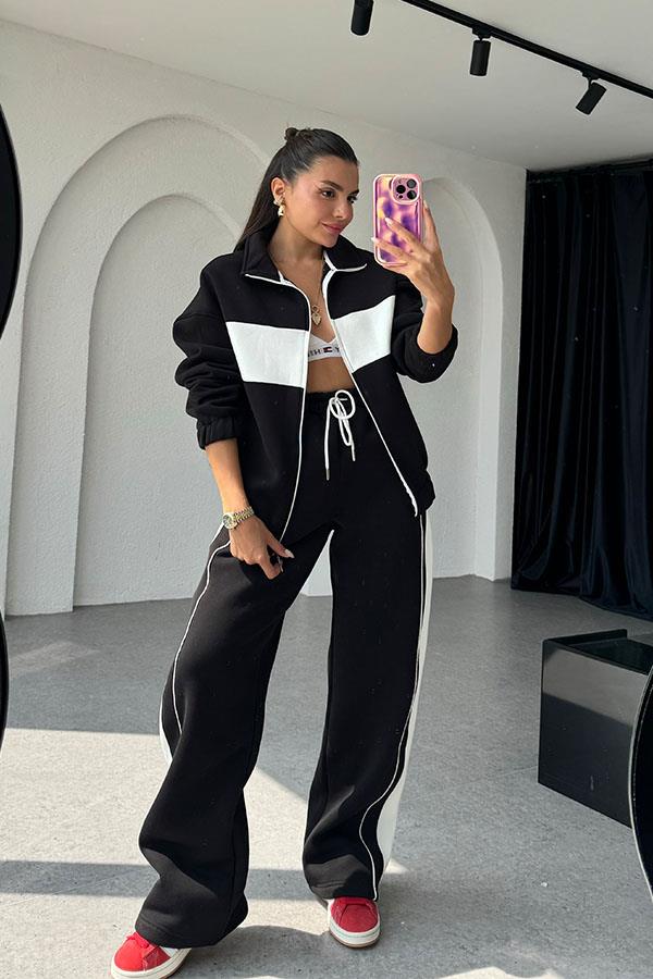 Vestido 3 İplik Şeritli Eşofman Takım - Siyah