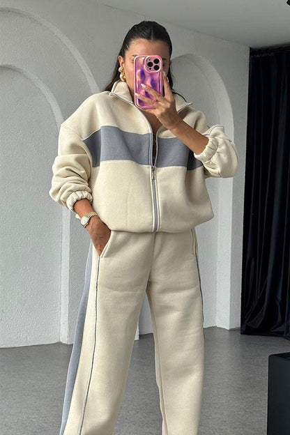 Vestido 3 İplik Şeritli Eşofman Takım - Krem