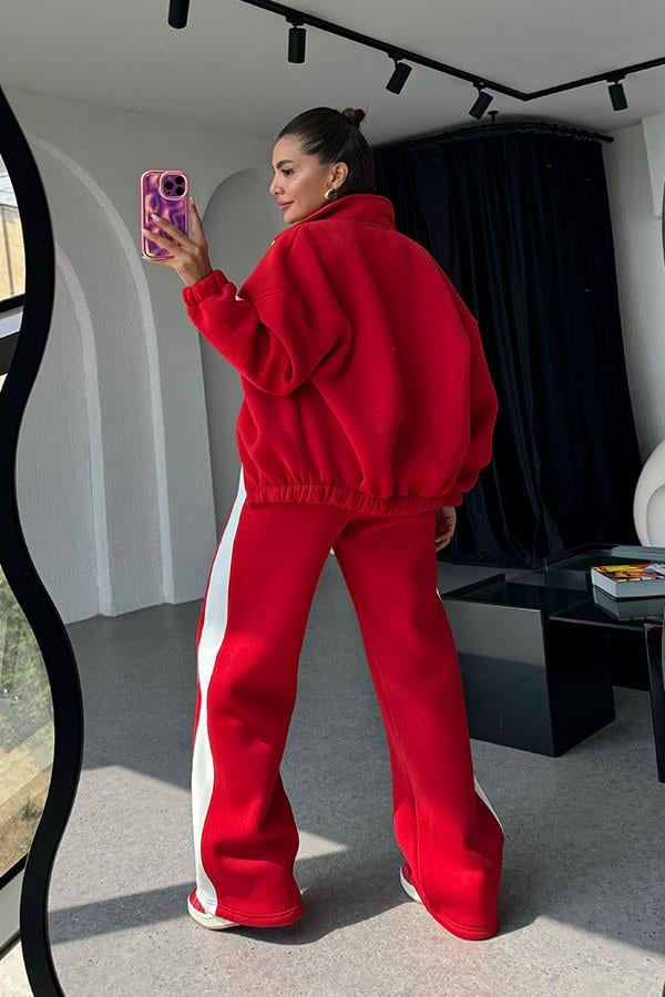 Vestido 3 İplik Şeritli Eşofman Takım - Kırmızı