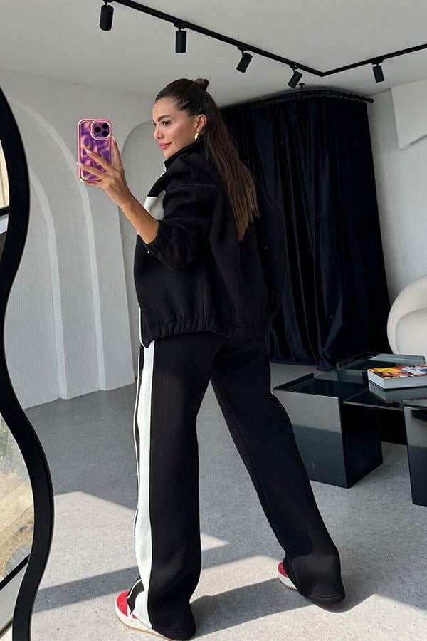 Vestido 3 İplik Şeritli Eşofman Takım - Siyah