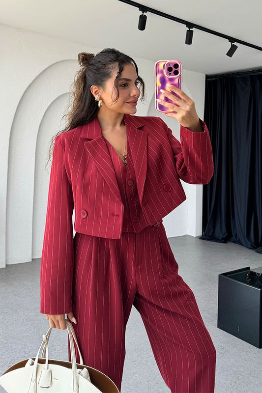 Viana bordo çizgili mini crop ceket
