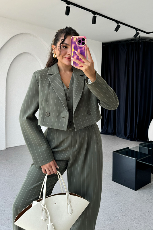 Viana haki çizgili mini crop ceket