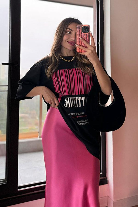 Vıbes Saten Etekli İkili Takım - Fuşya