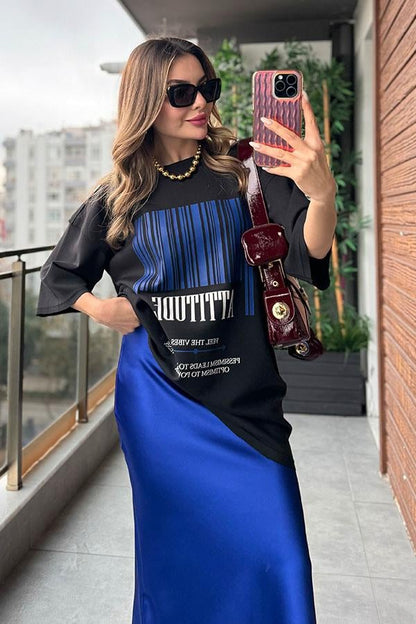 Vıbes Saten Etekli İkili Takım - Saks Mavi