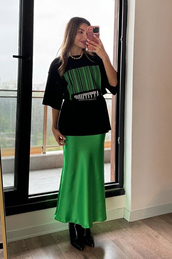 Vıbes Saten Etekli İkili Takım - Yeşil