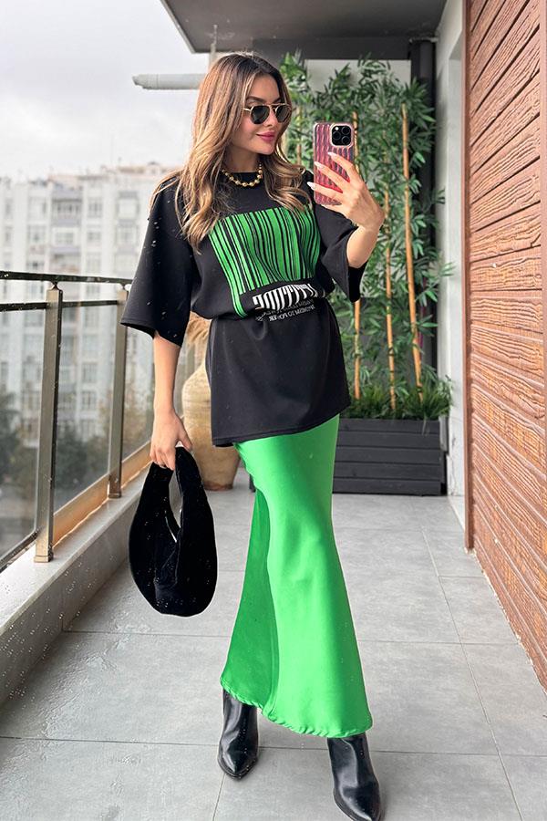 Vıbes Saten Etekli İkili Takım - Yeşil