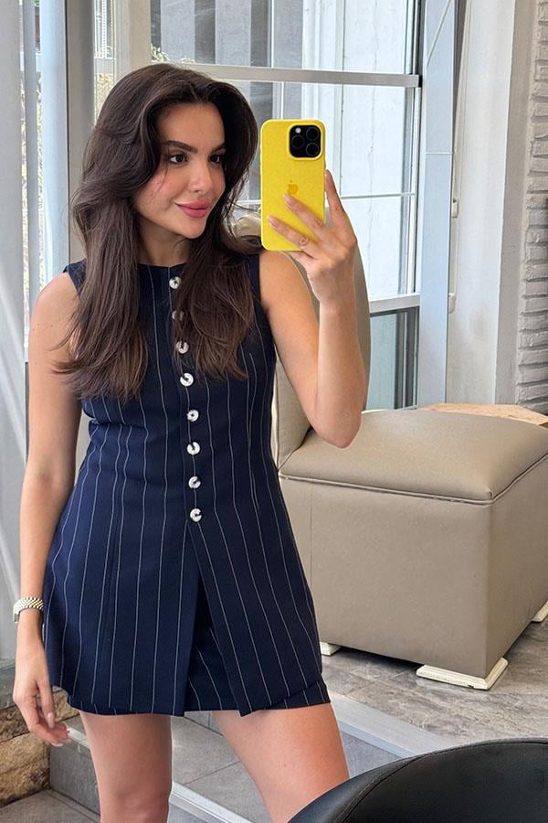 Vienna Çizgili Yelekli Tasarım Takım-Lacivert