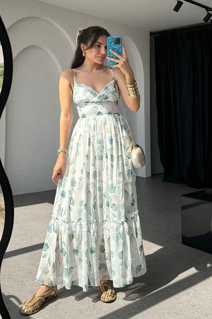 Viola Yaprak Desenli Şifon Elbise